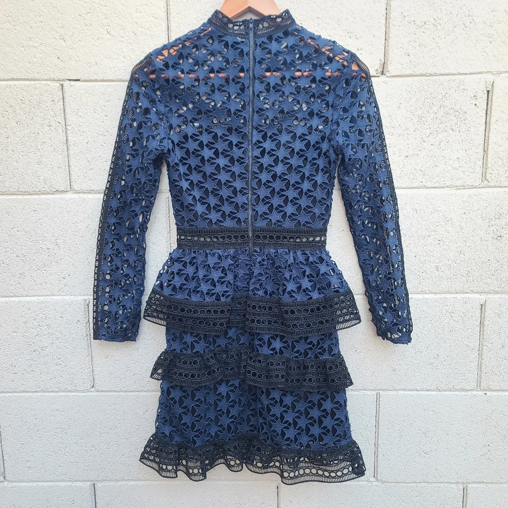 Self Portrait | High Neck Star Lace Panelled Dress in Navy Blue Black Size 0 - Picture 8 of 10